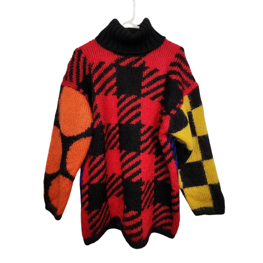 Vintage 90s Mixed Print Maximalist Mohair Blend Turtleneck Long Warm Sweater M/L